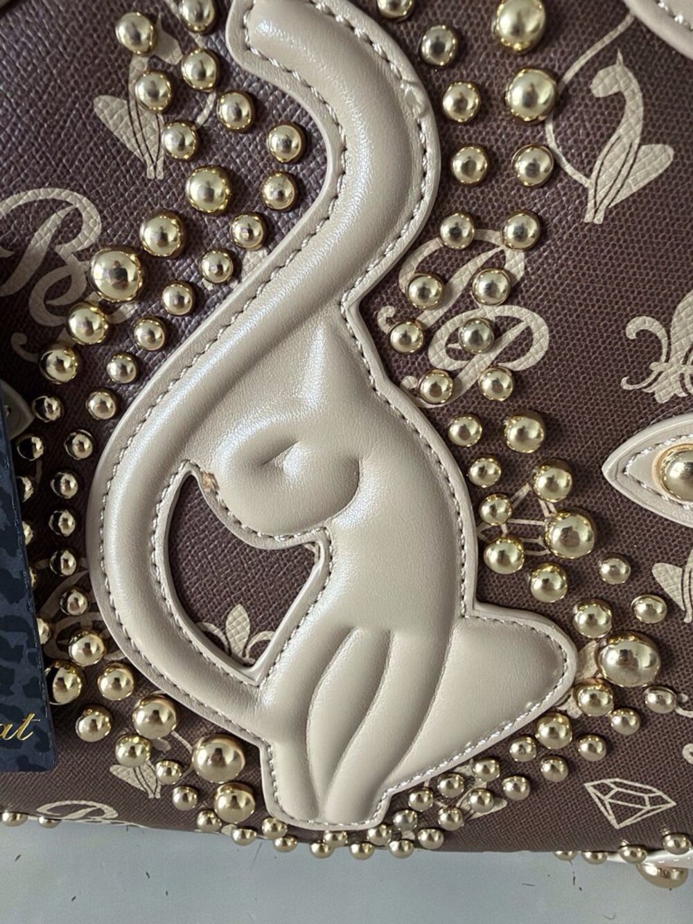 Baby Phat Croc Embossed Studded Cat Satchel Bowler Bag Brown Gold Y2K Viral NEW - Picture 7 of 13